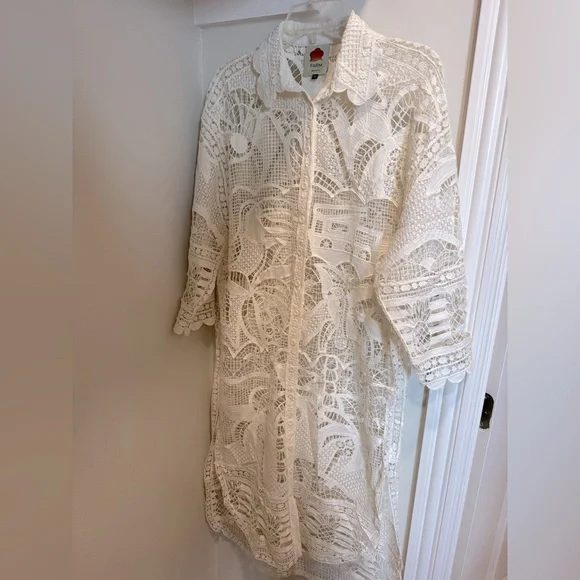 Farm Rio Guipure Ivory Lace Crochet Midi Shirt Dress Swim Coverup Women’s Small - Picture 4 of 9